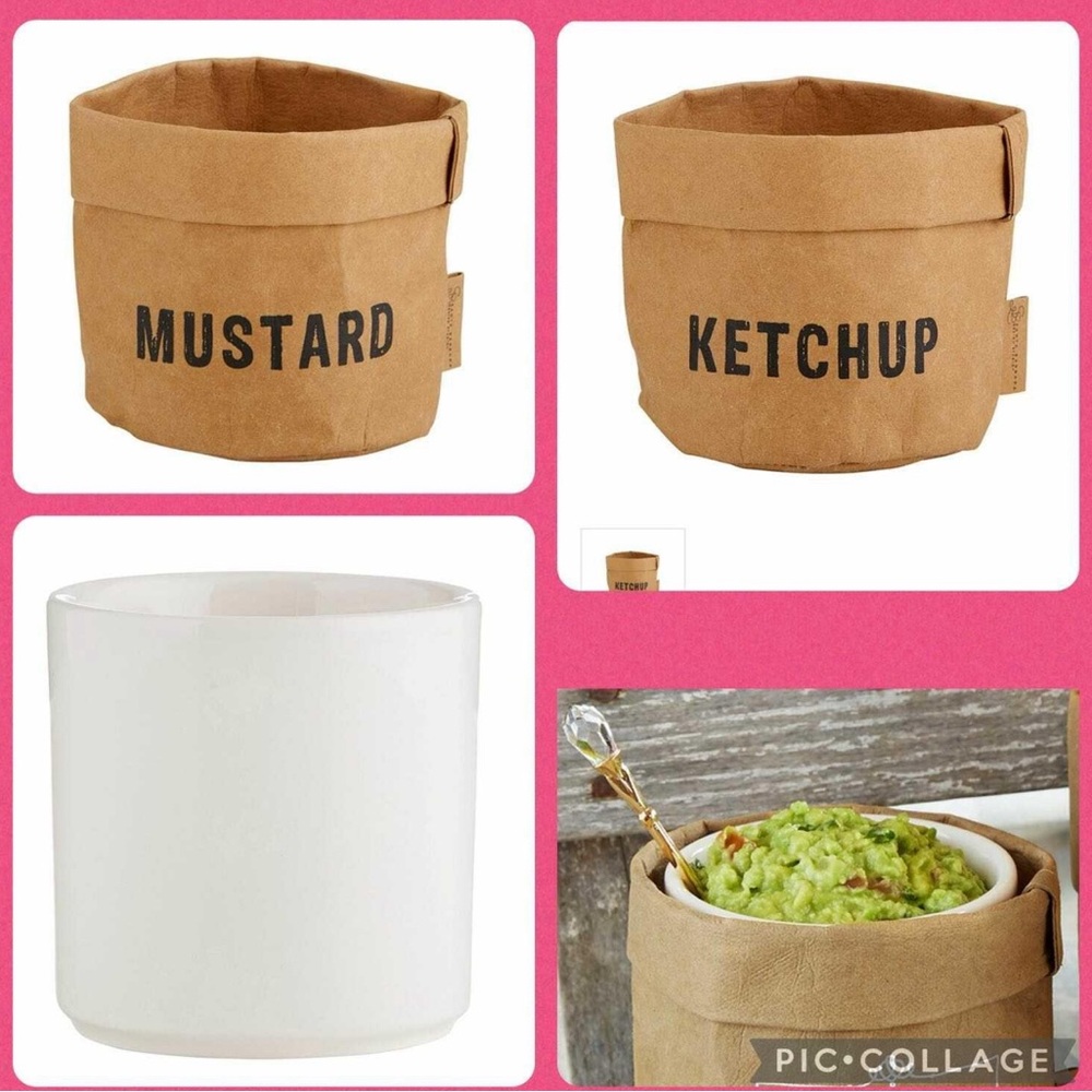 New washable paper mustard and ketchup party containers with ceramic inserts .